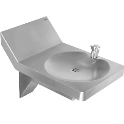 Vandálbiztos SLIDE fali ivókút zárt szifonburkolattal, DELABIE nyomógombos bekapásgátlós ivókút fejjel