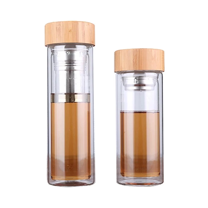 GetWell Duplafalú Üveg Kulacs teaszűrővel és bambusz fedéllel 350ml